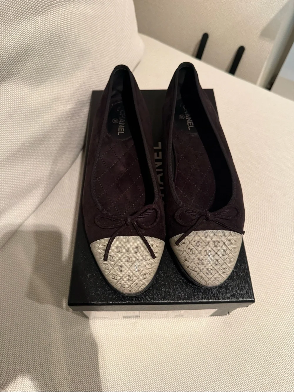 CHANEL black suede Ballet Flats with Cream Patterned Cap Toe